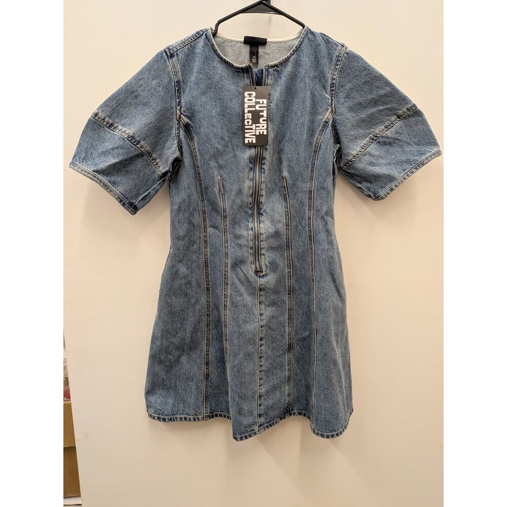 Future Collective Denim Mini Dress Blue Zip Front Short Sleeve Women’s XS